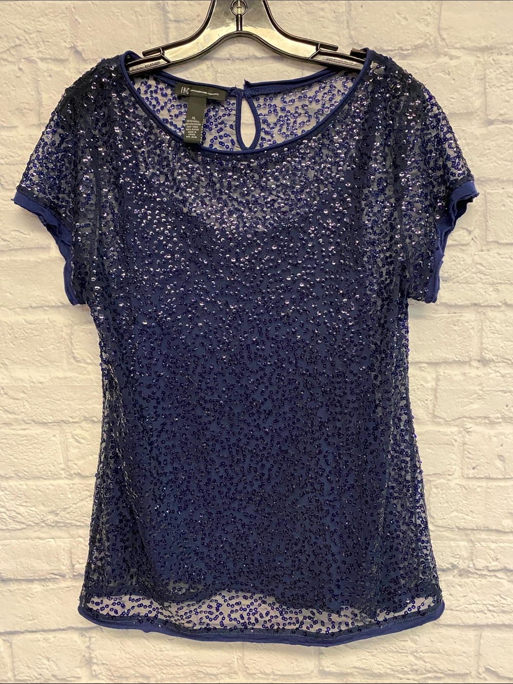 INC International Concepts Navy Sequin Mesh Top with Camisole Size XL